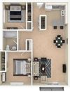 Sunset Station 2x1 3D Furnished Floor Plan 2 Bedroom, 1 Bathroom Furnished Floor Plan